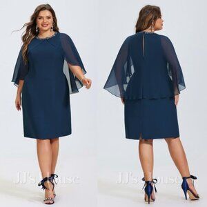 NWT JJ’s House Sequin Beaded Cocktail Chiffon Midi Dress in Navy | 16